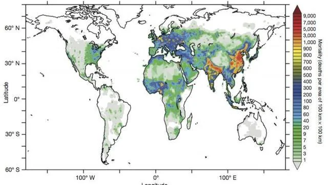 Mortalidad asociada al aire contaminado en 2010. Asia y algunas zonas de Europa del Este son las más afectadas