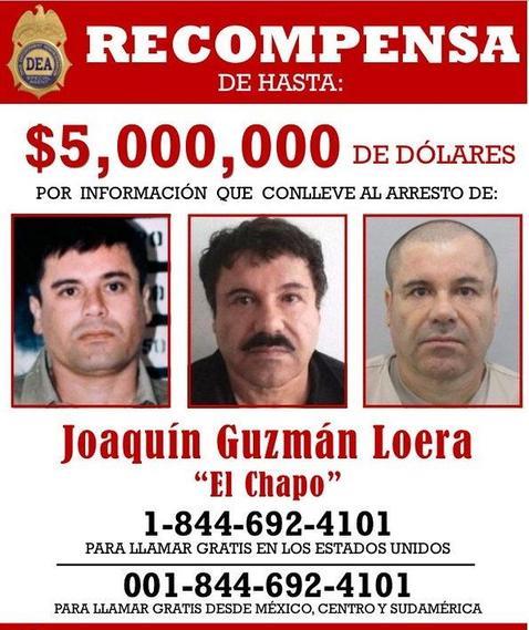 Fotografía cedida del poster de la Agencia Antinarcóticos de Estados Unidos (DEA) que muestra al capo Joaquín "el Chapo" Guzmán