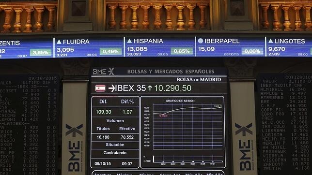 Panel informativo en la bolsa de Madrid que muestra las cotizaciones del principal indicador de la Bolsa española