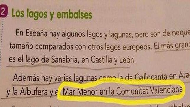 Un libro de texto sitúa el Mar Menor en la Comunidad Valenciana