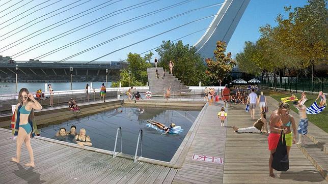 Recreación virtual de la piscina en el Alamillo que presentó Zoido