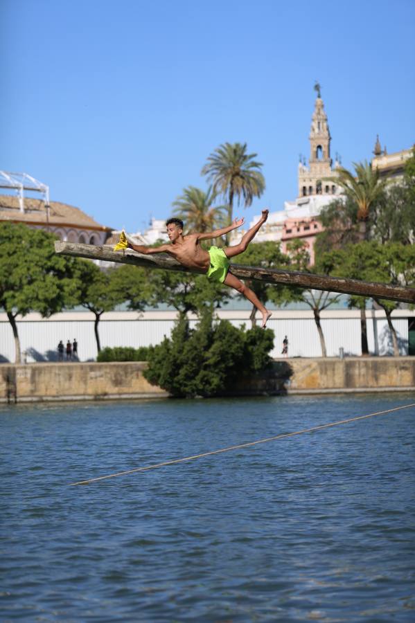 La tradicional cucaña de la Velá de Triana, en imágenes