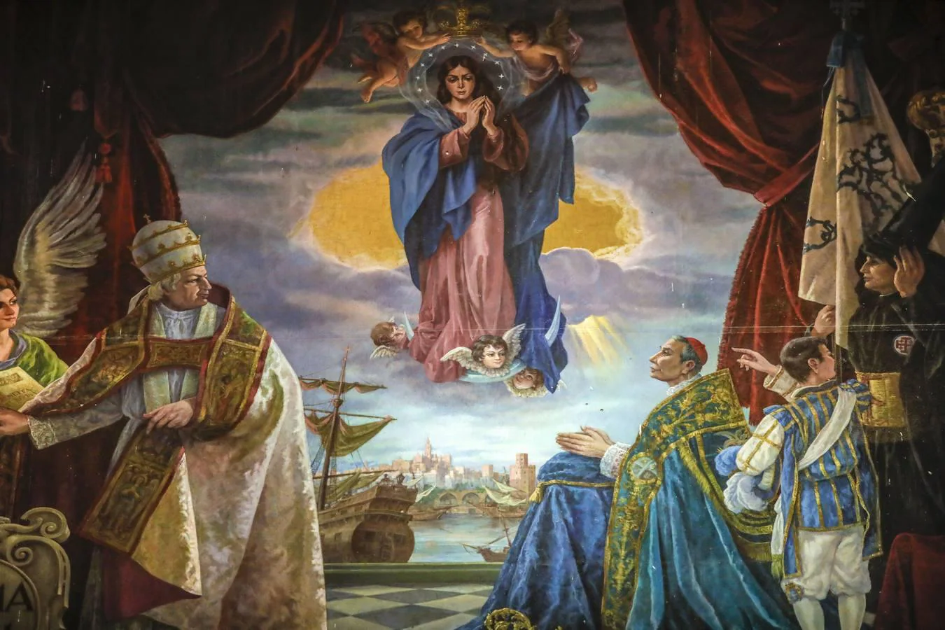 Proclamación del dogma de la Inmaculada (Catedral de Sevilla). Cuadro colosal de Alfonso Groso pintado en 1966 y que representa a la Inmaculada con la cara de la Macarena