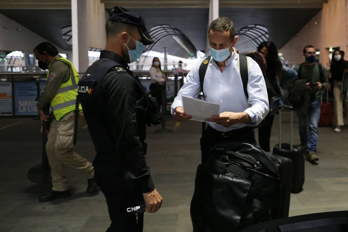 Agentes de la Policía Nacional realizan un control a los viajeros de tren en Santa Justa