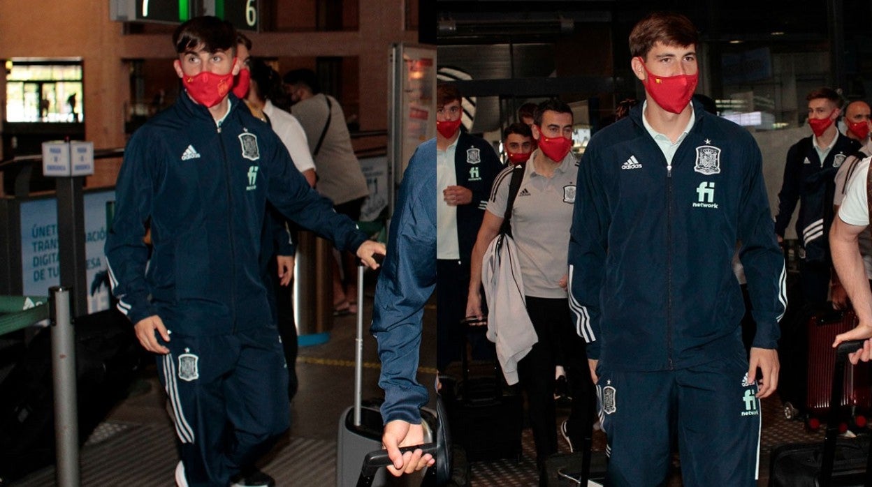 Rodri, a la izquierda, y Miranda, a la derecha, a su llegada a Santa Justa en el mediodía de este jueves