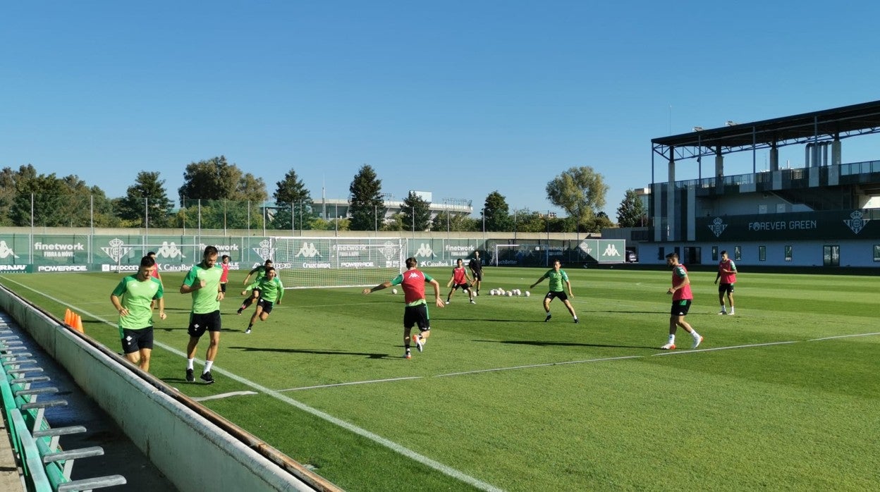 Varios futbolistas del Betis, durante el entrenamiento de esta mañana