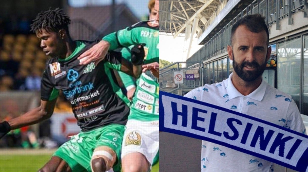 Paul Akouokou, en un partido con el Ekenäs IF, y Toni Doblas, con una bufanda del HJK Helsinki
