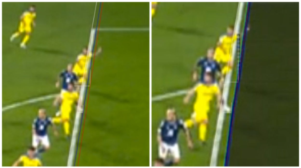 A la izquierda, imagen del fuera de juego de Yeremy con las líneas definidas; a la derecha, la extraña imagen del VAR con la línea azul más gruesa y el pie del bético Aitor más largo
