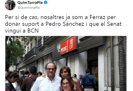 Imagen de un tuit lanzado por Quim Torra mostrando su apoyo a Pedro Sánchez