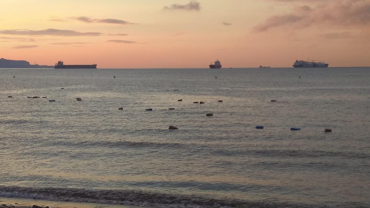 Imagen de los fardos flotando en la playa de Getares de Algeciras.