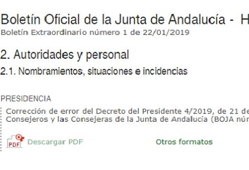El BOJA confunde el nombre del consejero de Salud y Familias en el decreto de su nombramiento