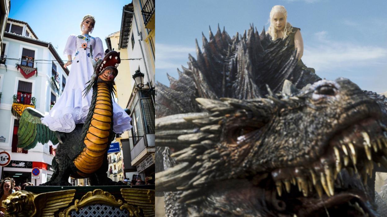 A la izquierda, la tradicional Tarasca de Granada en el Corpus 2019, que este año ha rendido homenaje a la Khaleesi de Juego de Tronos, a la derecha