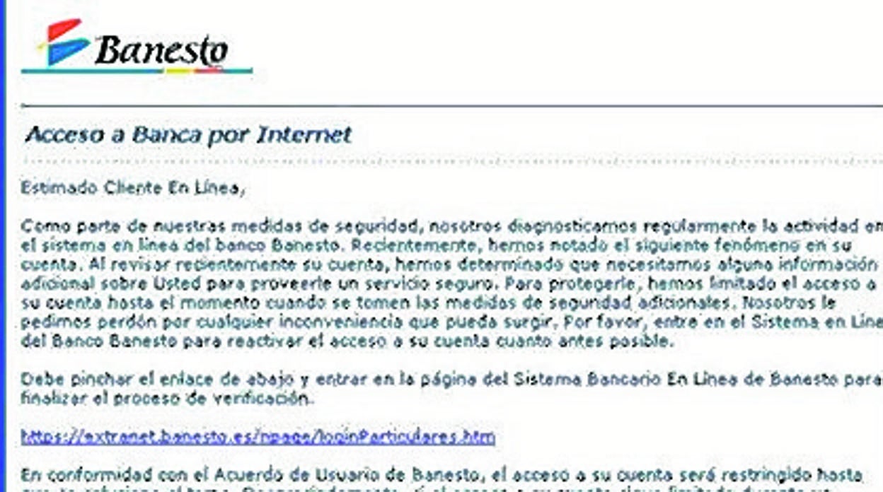 Un ejemplo de «phishing» suplantando al ya extinto Banesto