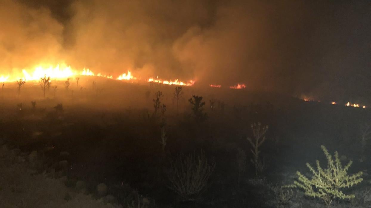 Imagen de los pastos en llamas ayer en el yacimiento de Ategua en Santa Cruz