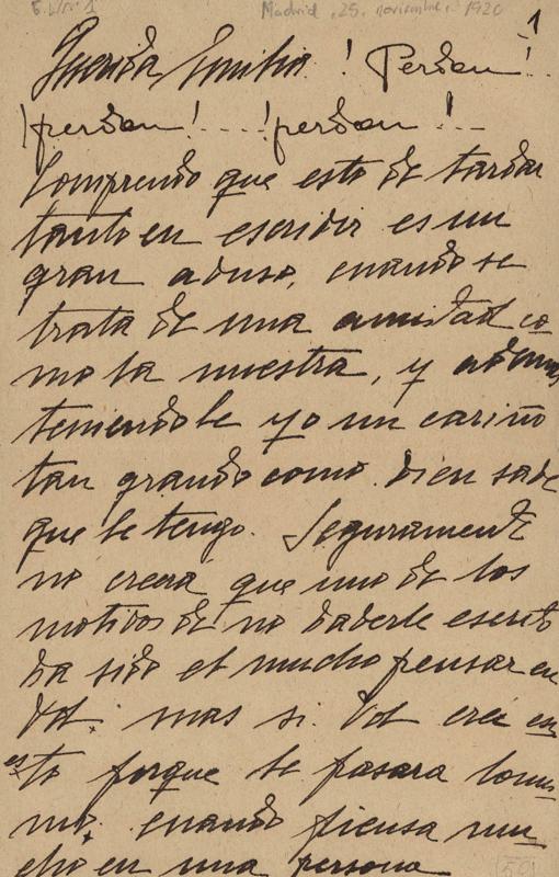 Primera página de la carta conjunta de De la Serna y Lorca a Emilia Llanos.