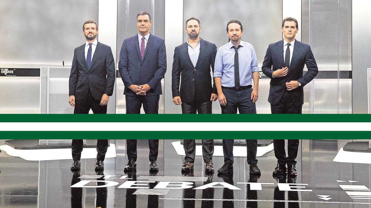 Los candidatos, ayer en el debate a cinco televisado antes de las elecciones generales