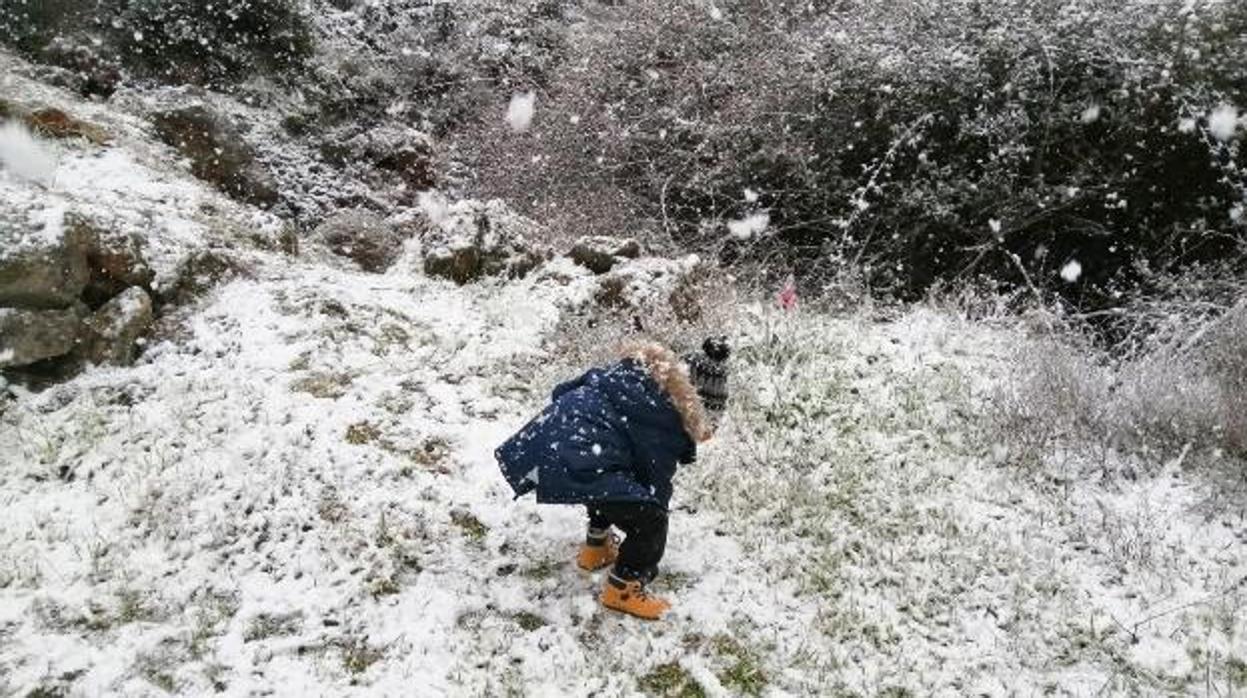 Un niño juega con la nieve en la Serranía de Ronda