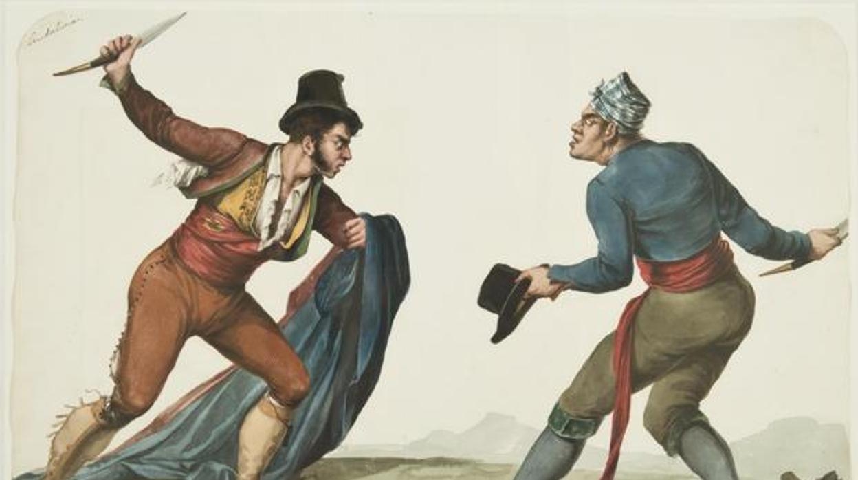 Dos bandoleros retándose con navajas