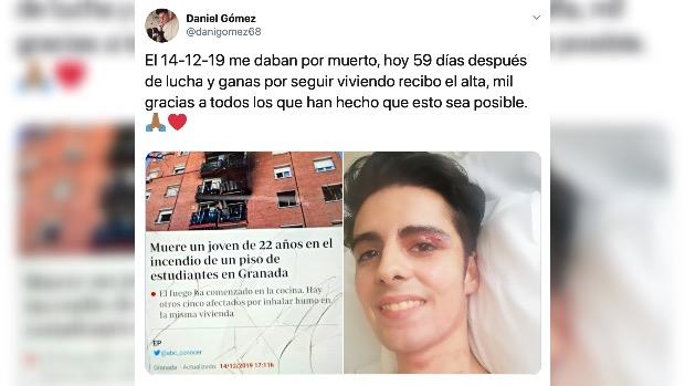 La «resurrección» de Dani: el joven dado por muerto tras un incendio en Granada recibe el alta