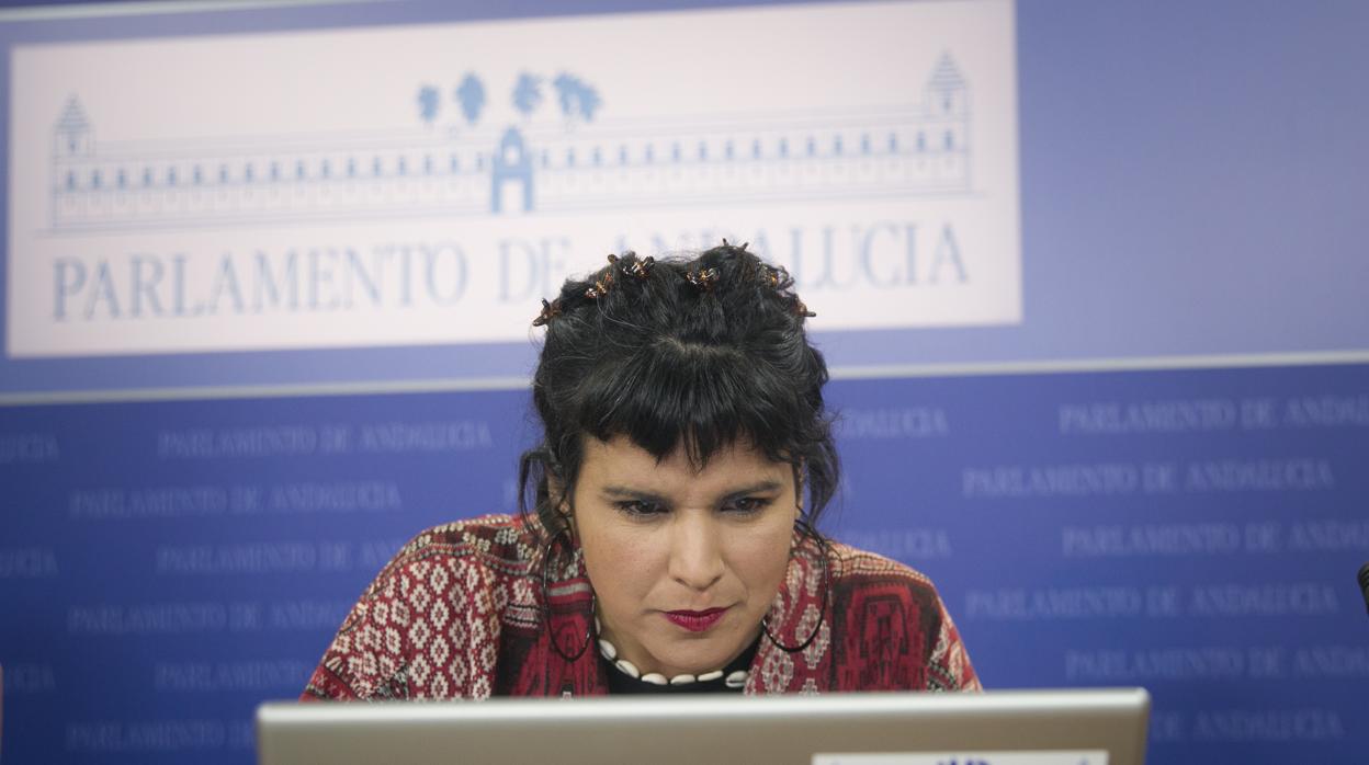 La lideresa de Adelante Andalucía delante de un pecé en el Parlamento de Andalucía