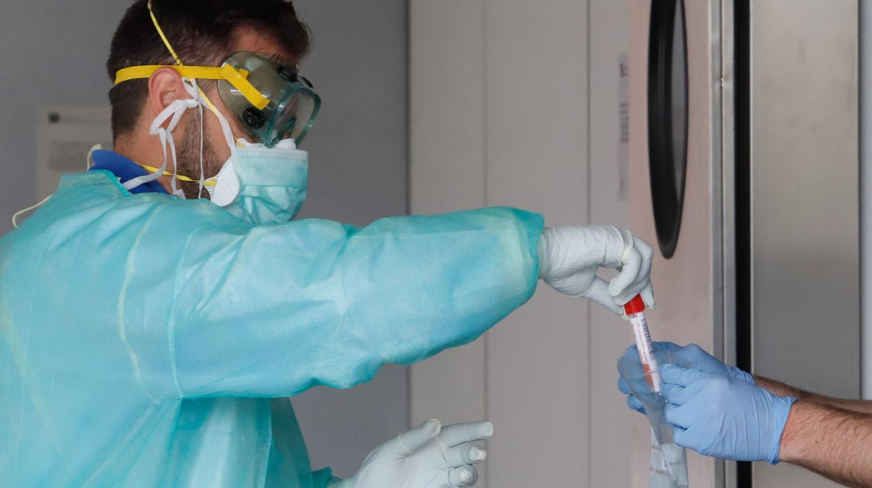Ún sanitario entrega unas muestras para analizar si hay rastros de coronavirus