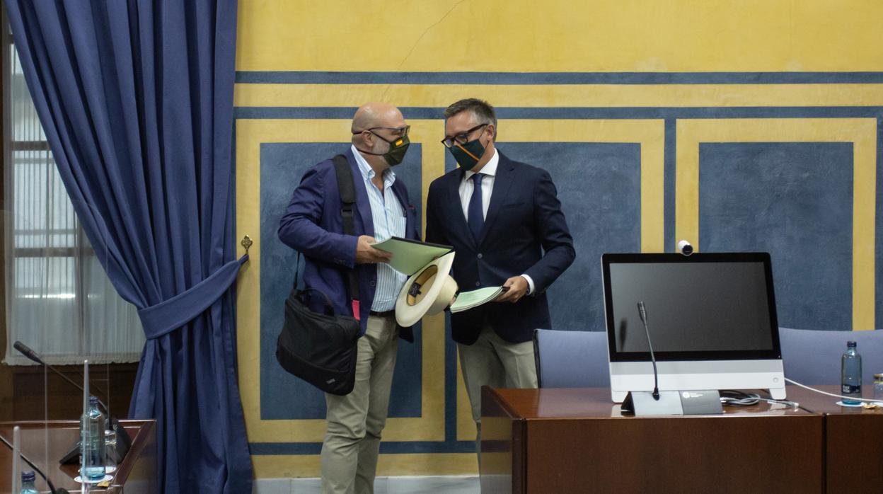 Los diputados de Vox Alejandro Hernández y Manuel Gavira en una de las salas de comisiones del Parlamento andaluz