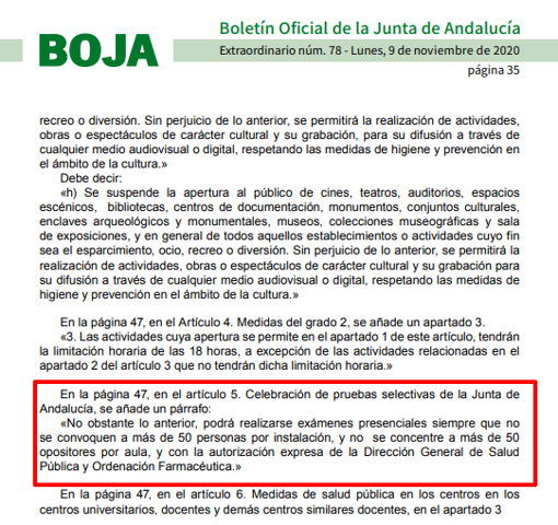 Andalucía permitirá exámenes presenciales en oposiciones a la Junta sin más de 50 aspirantes