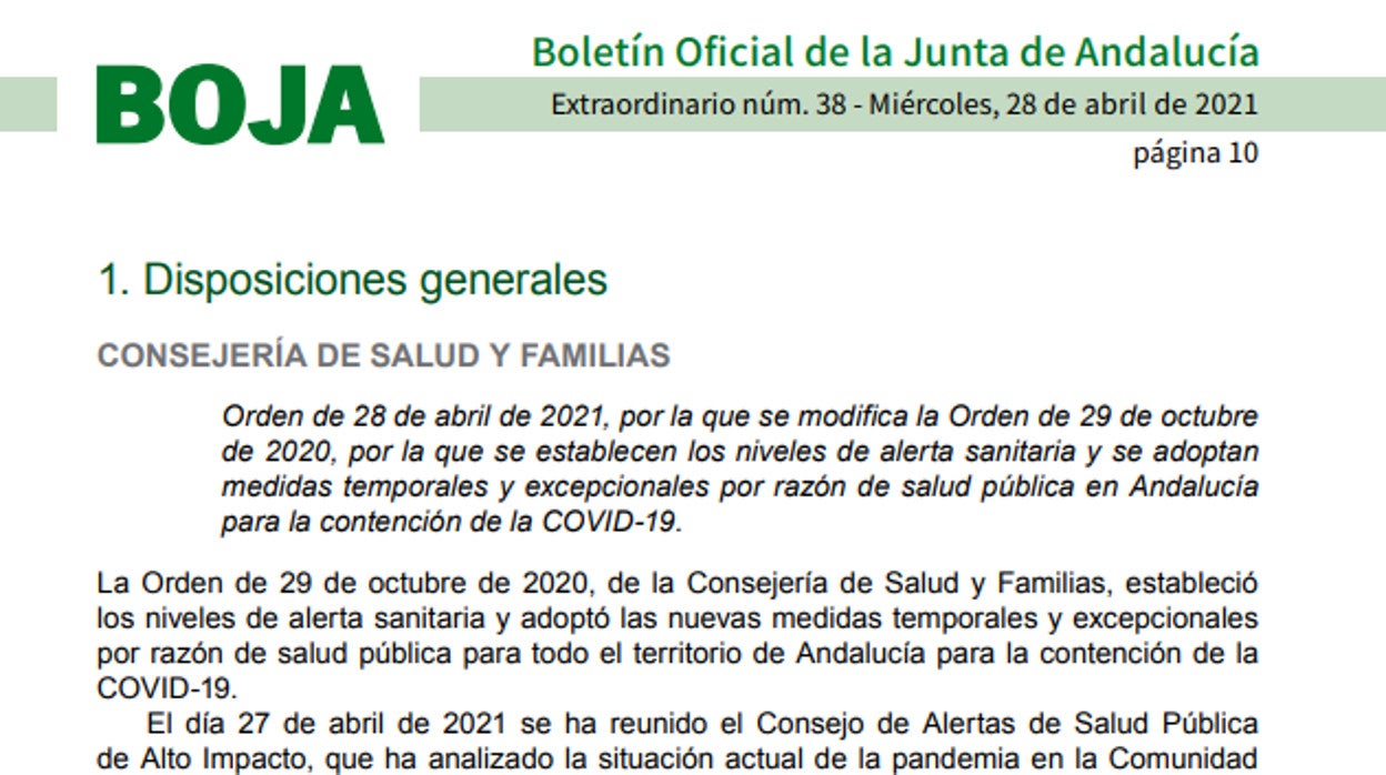 Así es el BOJA con las nuevas medidas Covid de la Junta de Andalucía, en vigor desde hoy 29 de abril