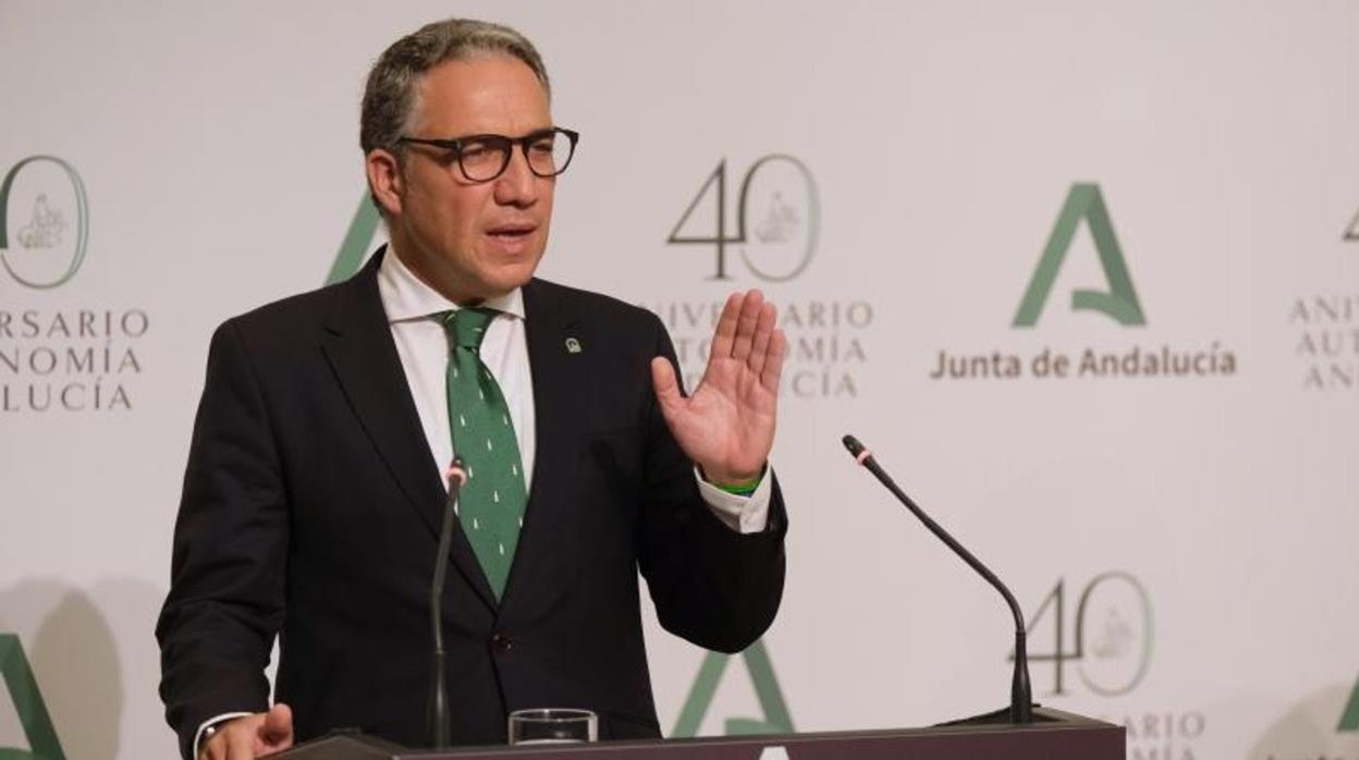 El consejero de la Presidencia y portavoz del Gobierno andaluz, Elías Bendodo, este martes en San Telmo