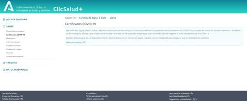 Apartado de la web ClickSalud+ relativo a los certificados