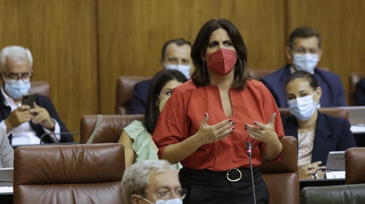 La portavoz socialista, Ángeles Férriz junto al escaño vacío de la expresidenta de la Junta, Susana Díaz