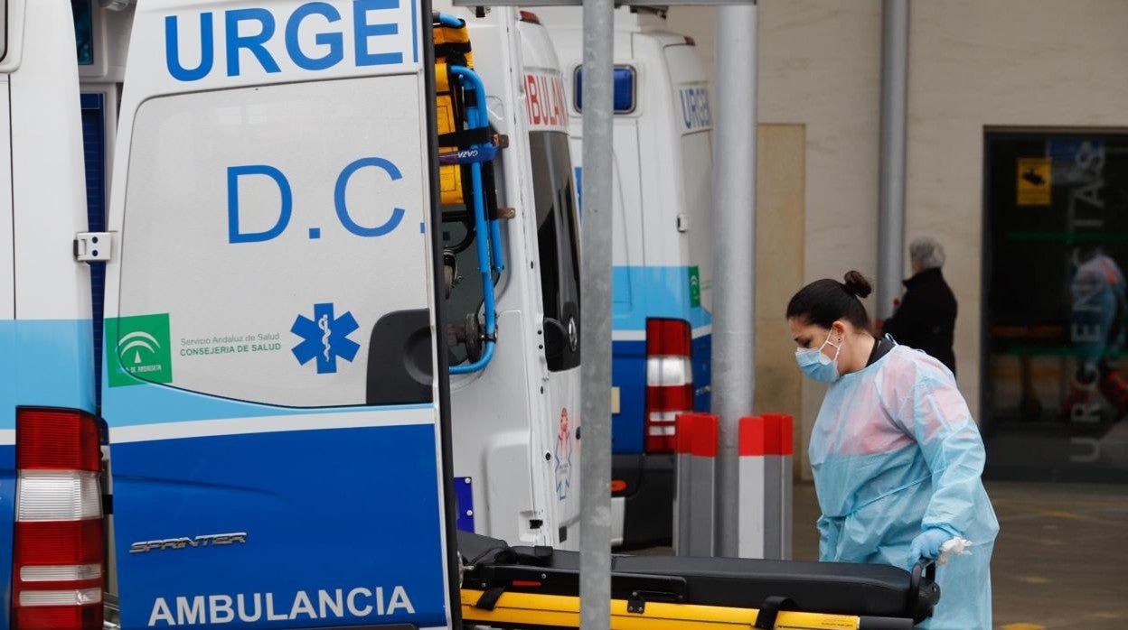 Una sanitaria saca una camilla de una ambulancia en la puerta de Urgencias del Reina Sofía de Córdoba