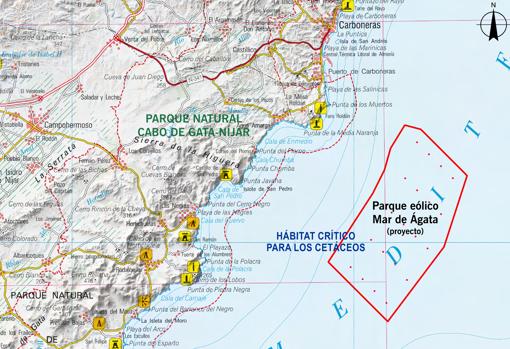 Mapa de situación del parque eólico marino de la Asociación de Amigos del Parque Natural Cabo de Gata-Níjar.