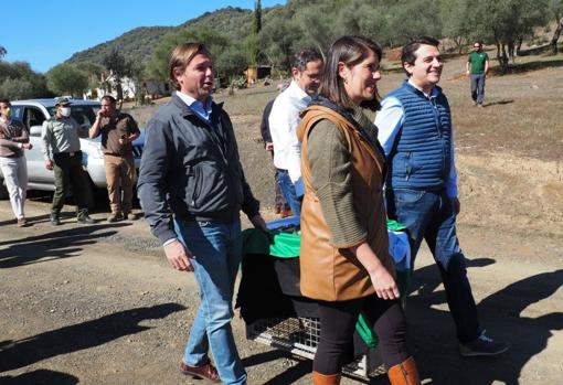 Las autoridades, hoy llevando la jaula de 'Salema' antes de ser liberada