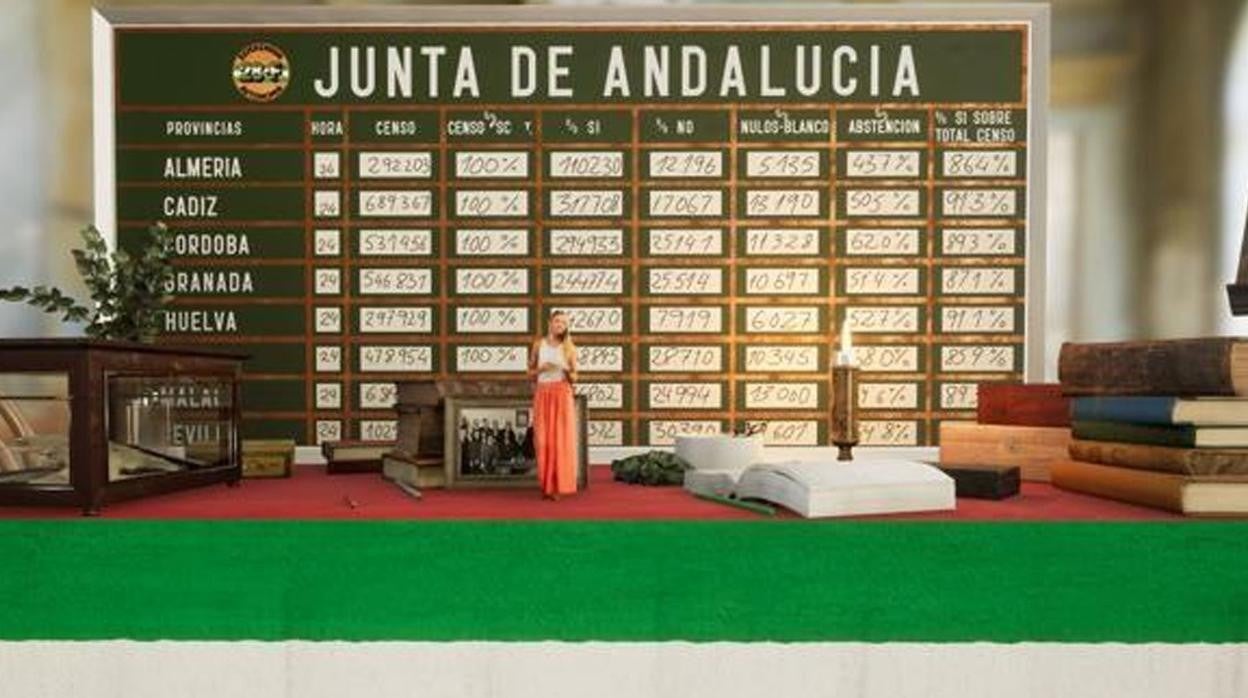 La presentadora delante de la pizarra de los resultados del referéndum con realidad aumentada