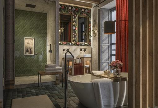 Infografía del aspecto del baño de una de las habitaciones de Las Flores