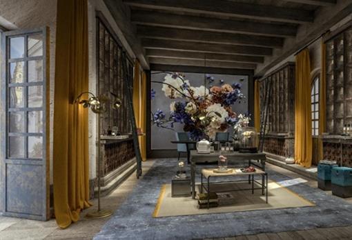 Infografía del zaguán del hotel en el acceso por la Calleja de las Flores