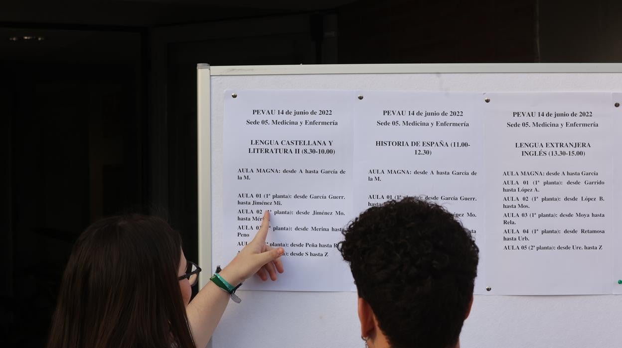 Dos alumnos consultan el sitio y la hora del primer examen de la Selectividad 2022 en la Facultad de Medicina y Enfermería de Córdoba