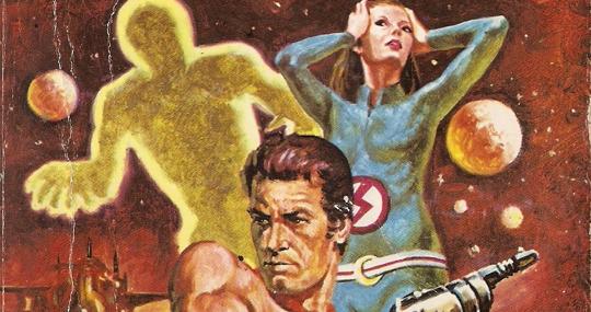 Detalle de una ilustración de portada de un bolsilibro de ciencia ficción