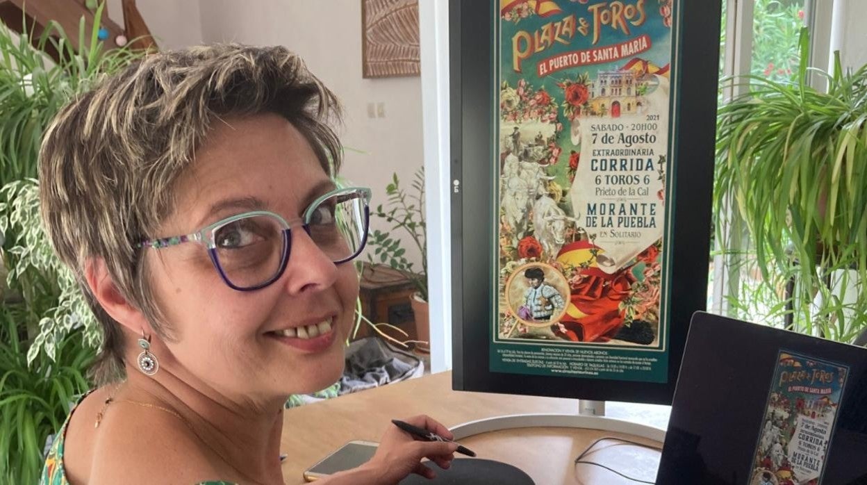 La artista parisina Cathy Beringuier rematando la obra