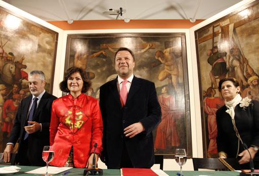 Griñán, Calvo, Monteseirín y Torres en 2007 anunciando la reforma frustrada