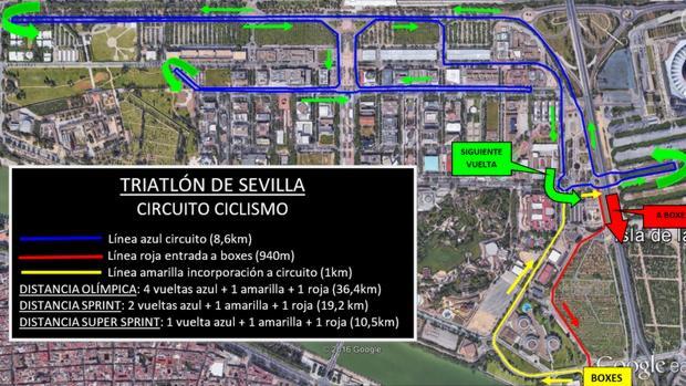 Recorrido que tendrá la XX edición del Triatlón de Sevilla por la Isla de la Cartuja