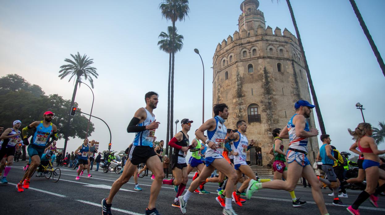 Varios corredores del Medio Maratón de Sevilla, a su paso por la Torre del Oro