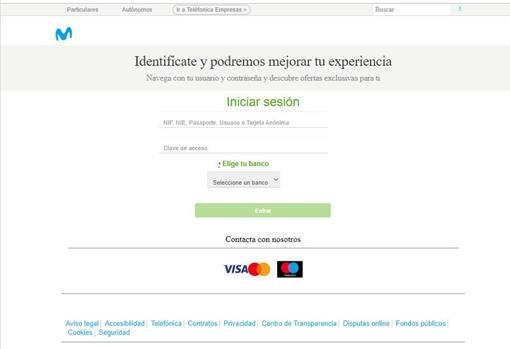 Pantalla de la falsa web de Movistar