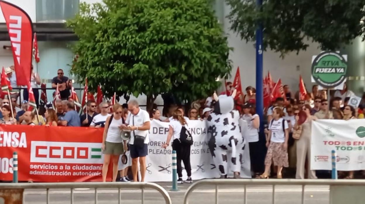Un manifestante vestido de vaca a las puertas de Canal Sur