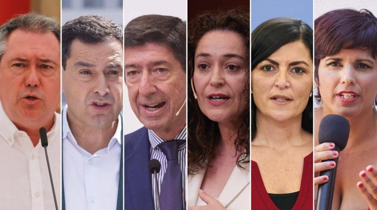 Los candidatos de las elecciones de Andalucía. De izquierda a derecha: Juan Espadas (PSOE), Juan Manuel Moreno (PP), Juan Marín (Ciudadanos), Inmaculada Nieto (Por Andalucía), Macarena Olona (Vox) y Teresa Rodríguez (Adelante Andalucía)