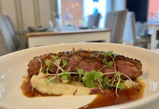 Magret de pato con membrillo, crema de apionabo y salsa de cítricos