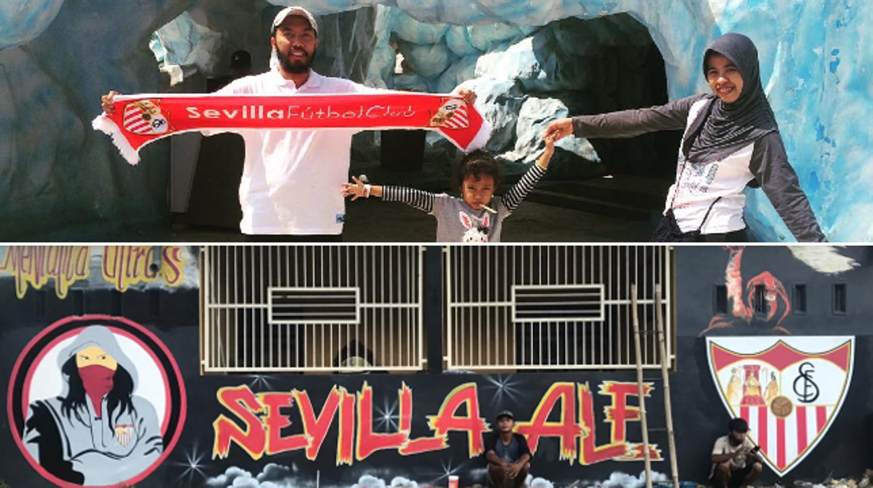 Sevilla Najwa Khaira posa con sus padres; y Ulum e Imam hacen un descanso en la realización de su graffiti sevillista