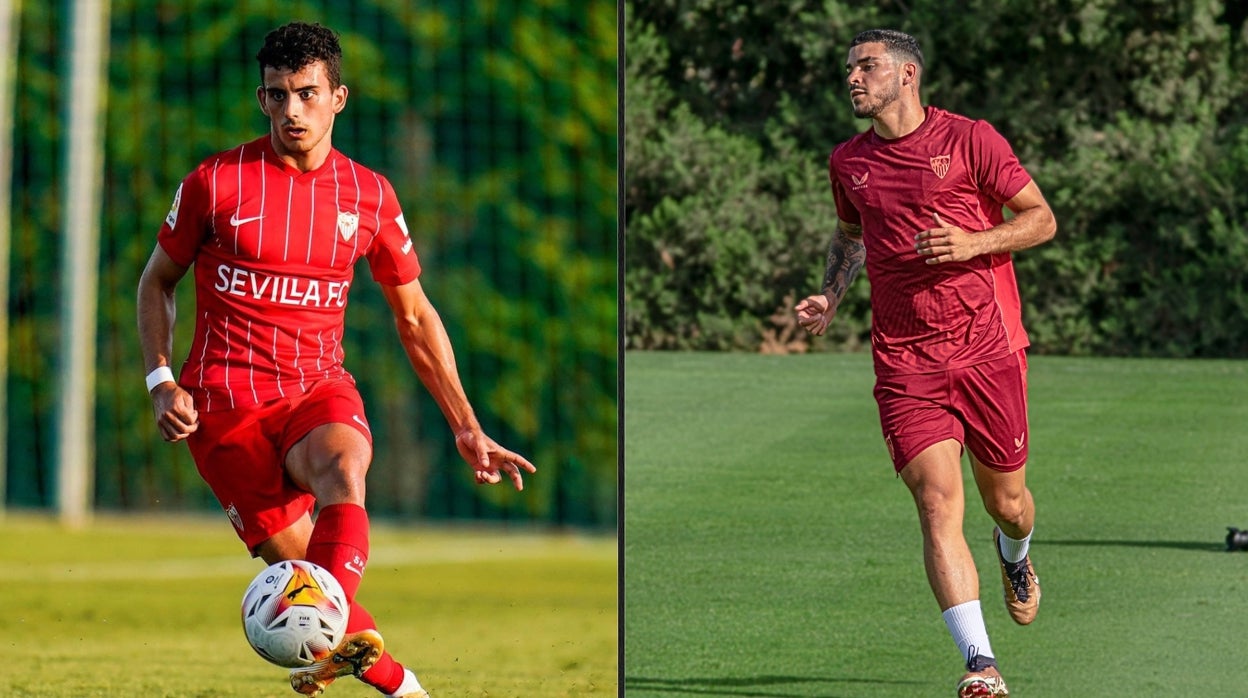 Imagen de Pablo Pérez disputando la pretemporada con el Sevilla FC durante la 21/22 e Isaac Romero durante la pretemporada con el primer equipo en Montecastillo este verano