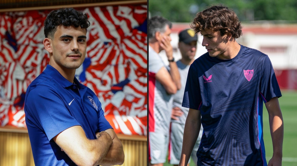 Imagen de Pablo Pérez, a la izquierda, posando con la camiseta del Atlético de Madrid y de Diego Hormigo, a la derecha, durante un entranmiento del primer equipo